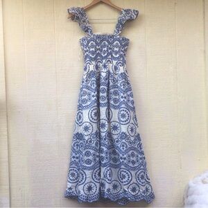 Zara Openwork embroidered floral eyelet Blue and White ruffle sleeves Maxi Dress